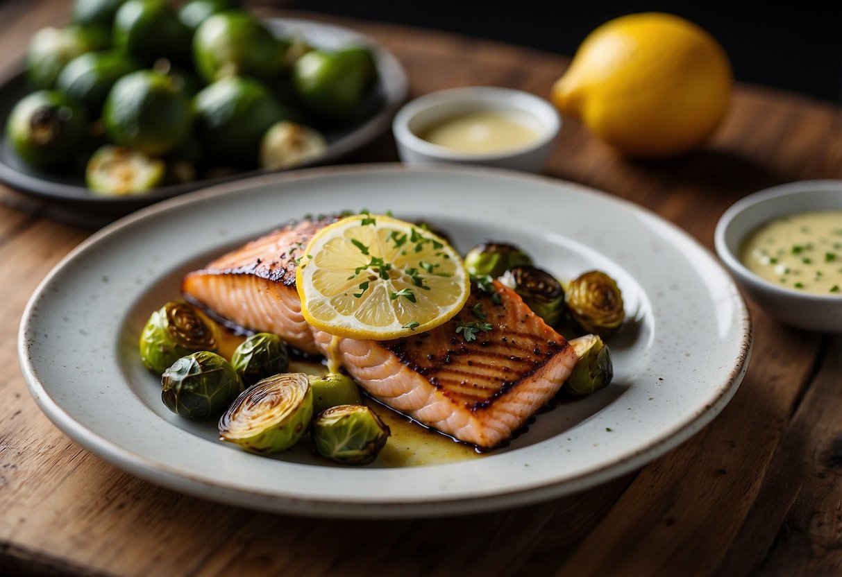 A golden-brown salmon fillet sits atop a bed of roasted Brussels sprouts, drizzled with a tangy lemon garlic sauce