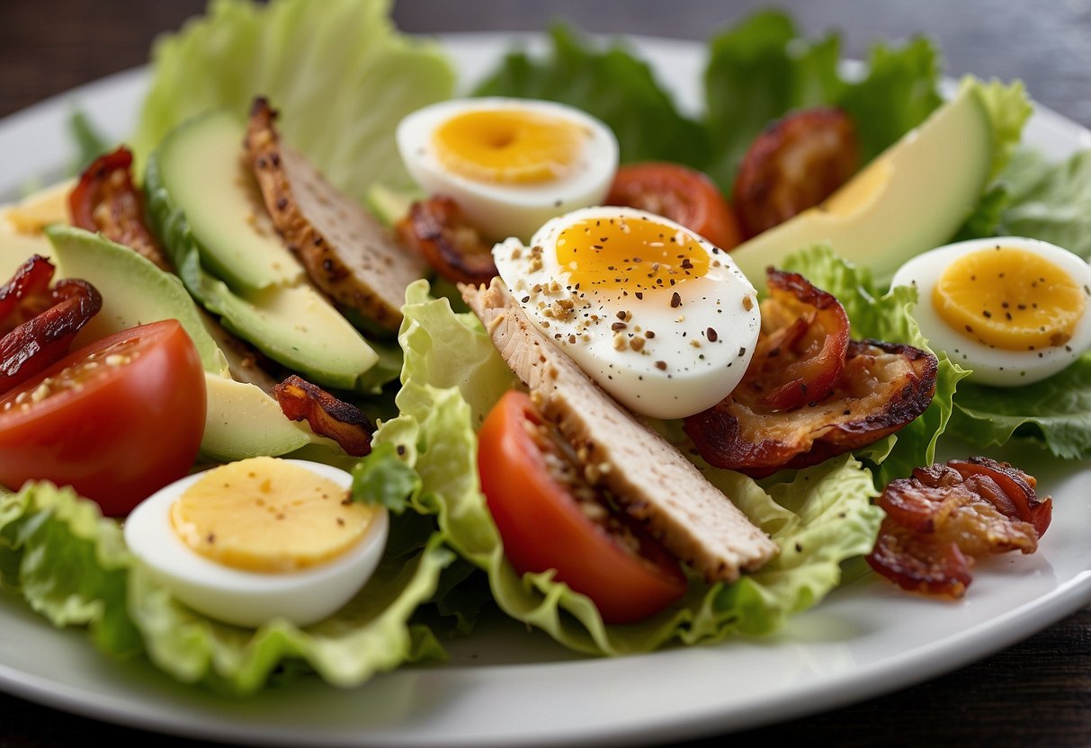 A colorful array of fresh lettuce, hard-boiled eggs, grilled chicken, crispy bacon, ripe tomatoes, creamy avocado, and crumbled blue cheese, all neatly arranged in rows on a white plate