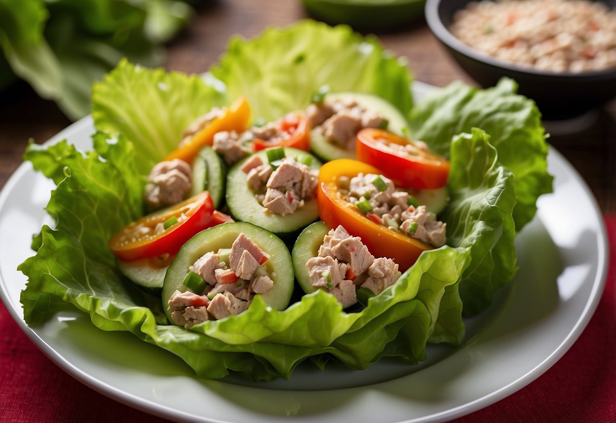 A colorful plate with lettuce wraps filled with tuna salad, cucumber slices, and bell peppers. Vibrant and fresh, showcasing a healthy, high-protein, low-carb meal option