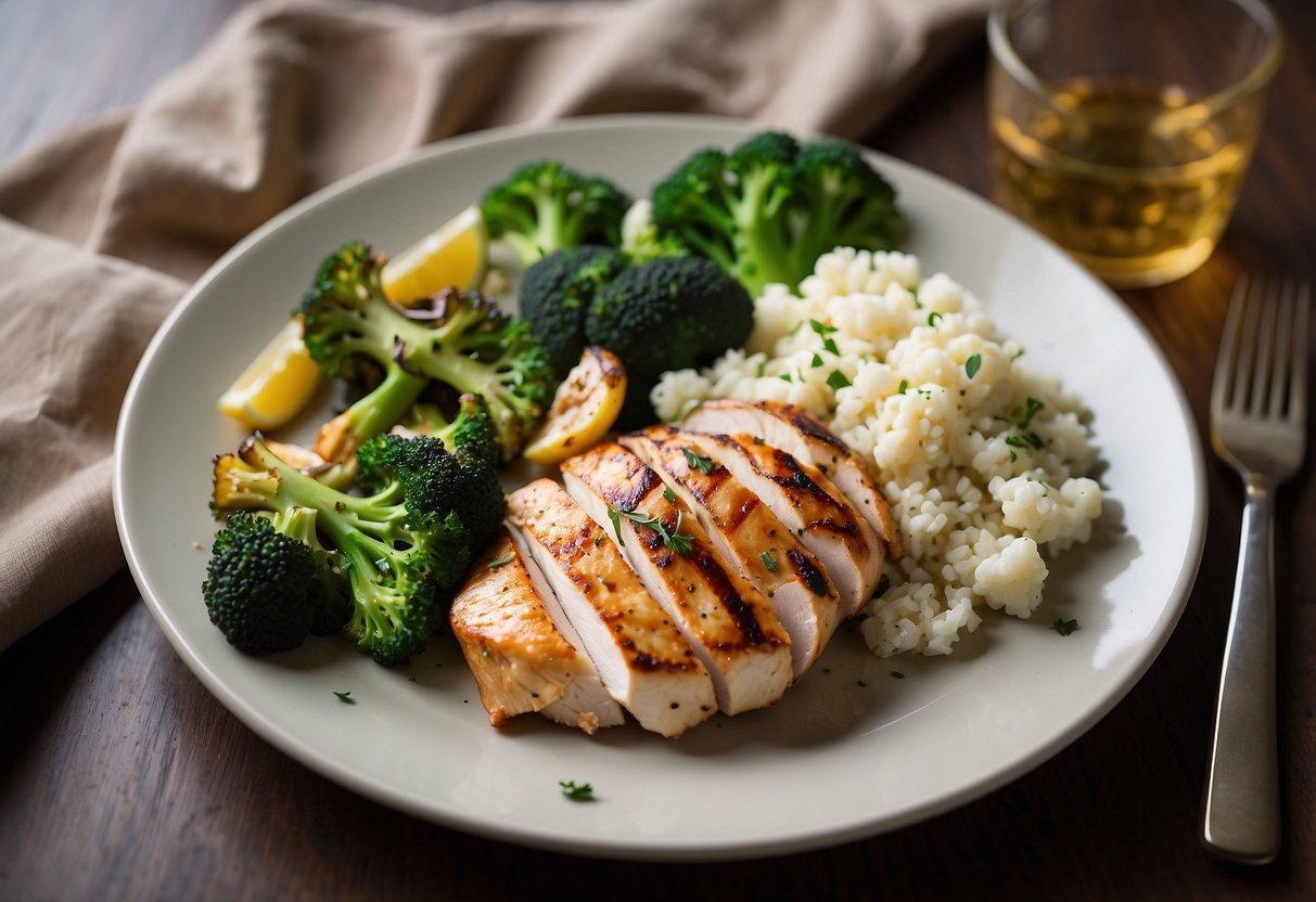 A plate with grilled chicken breast, steamed broccoli, and cauliflower rice