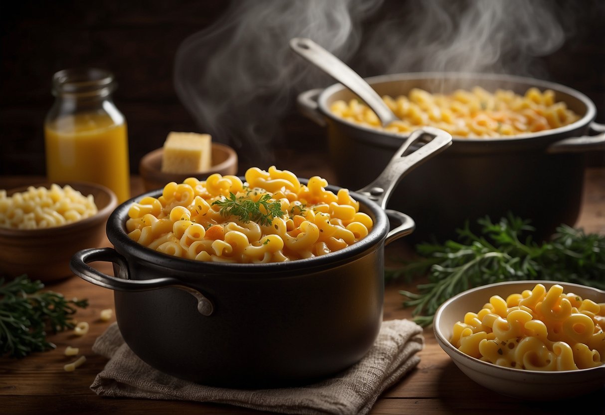 A pot of bubbling mac and cheese surrounded by ingredients and a cookbook titled "20 Cheap Meals."