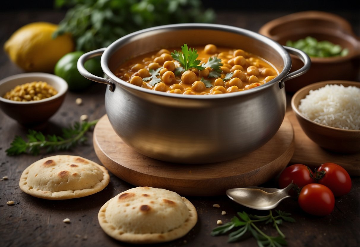 A steaming pot of chickpea curry surrounded by colorful spices and herbs, with a side of fluffy rice and warm naan bread