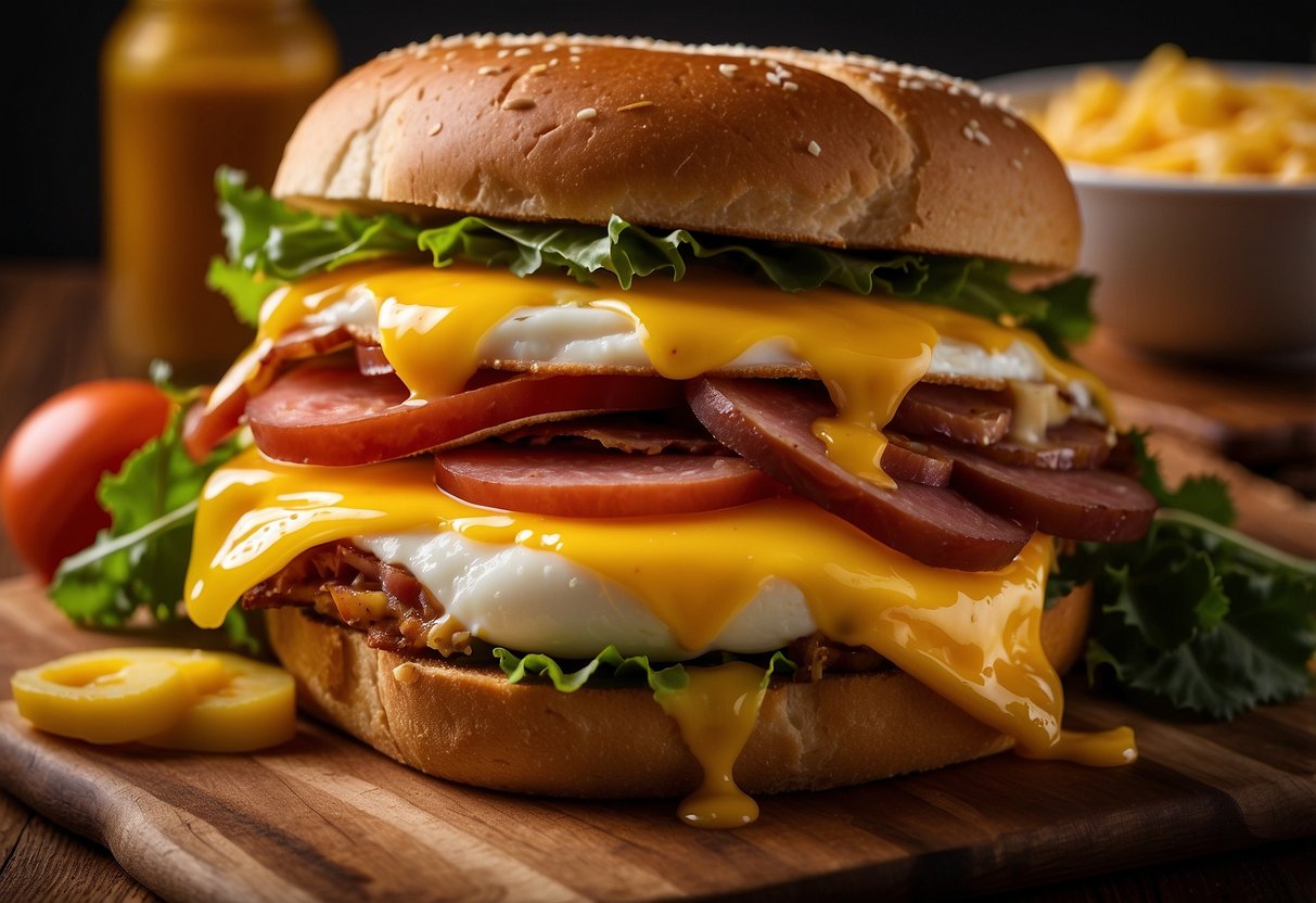 A sizzling bologna and egg sandwich oozing with melted American cheese, surrounded by a stack of 20 ingredients for cheap meals