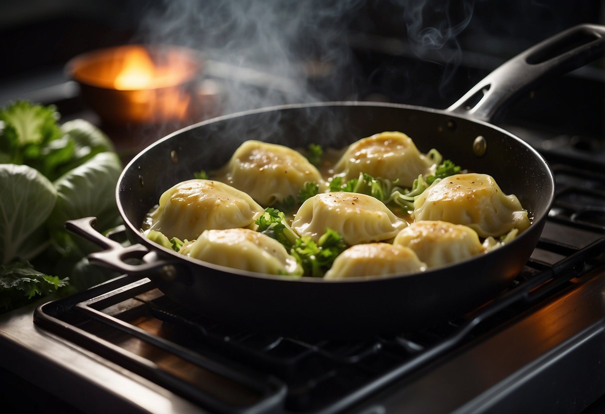 Sizzling cabbage and pierogi in a pan. Steam rises. A budget-friendly meatless meal