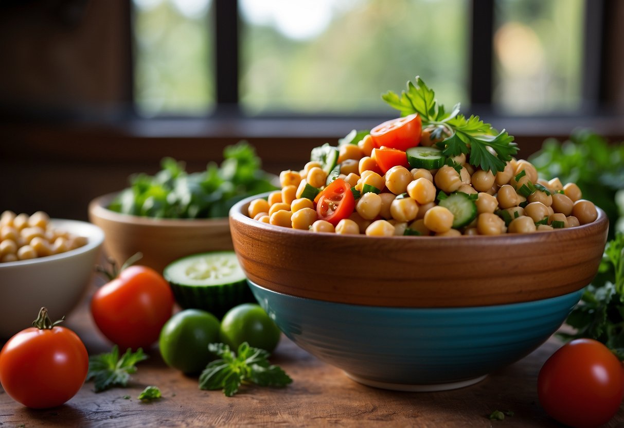 A colorful bowl of chickpea salad surrounded by fresh ingredients like tomatoes, cucumbers, and herbs