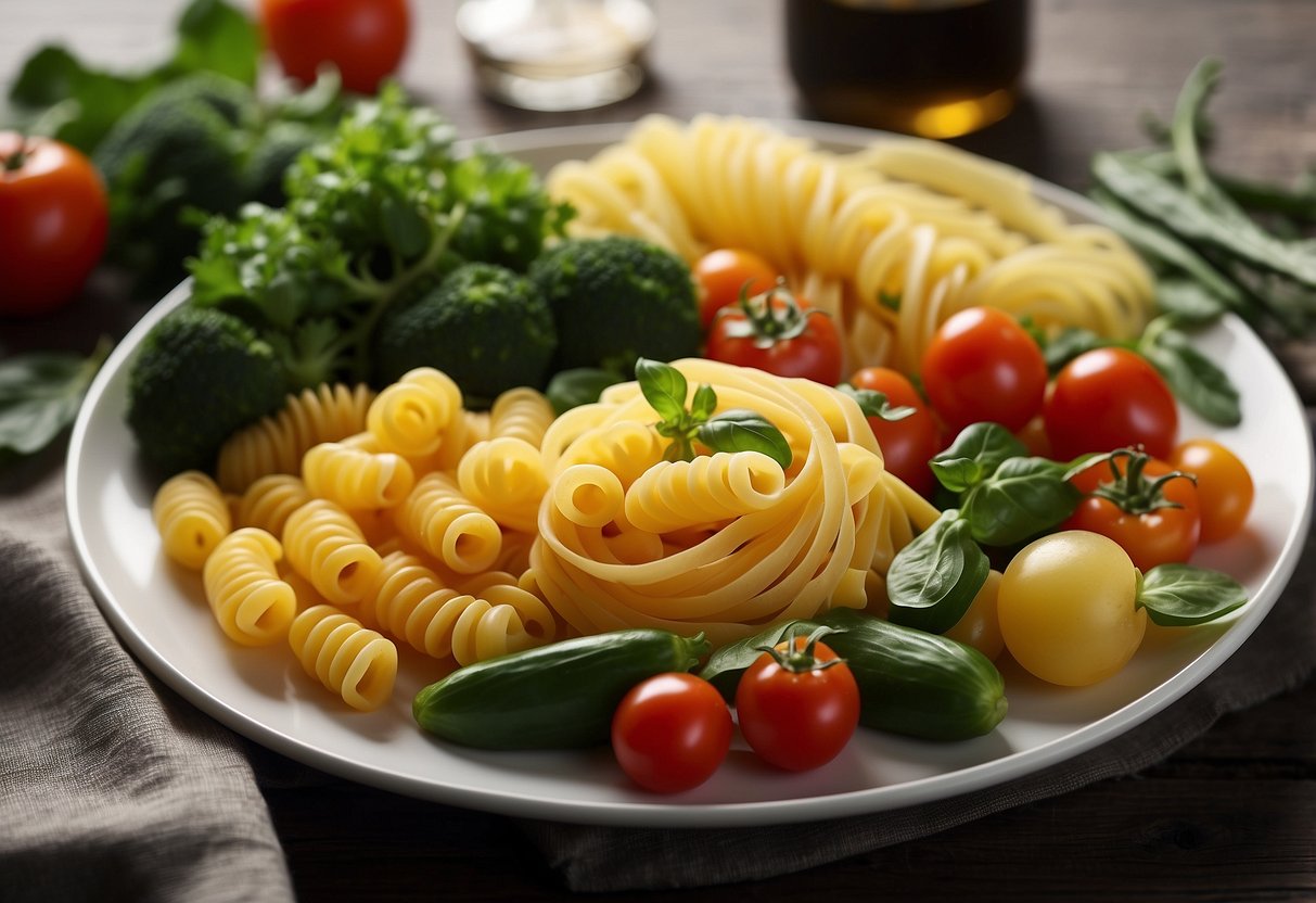 A colorful array of fresh vegetables and pasta, arranged on a simple plate