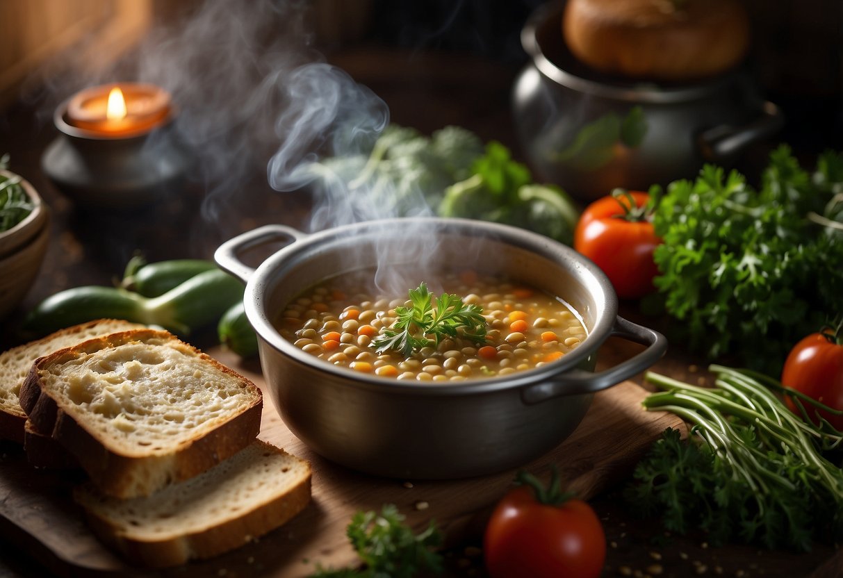 A steaming pot of lentil soup surrounded by fresh vegetables and herbs, with a loaf of crusty bread on the side