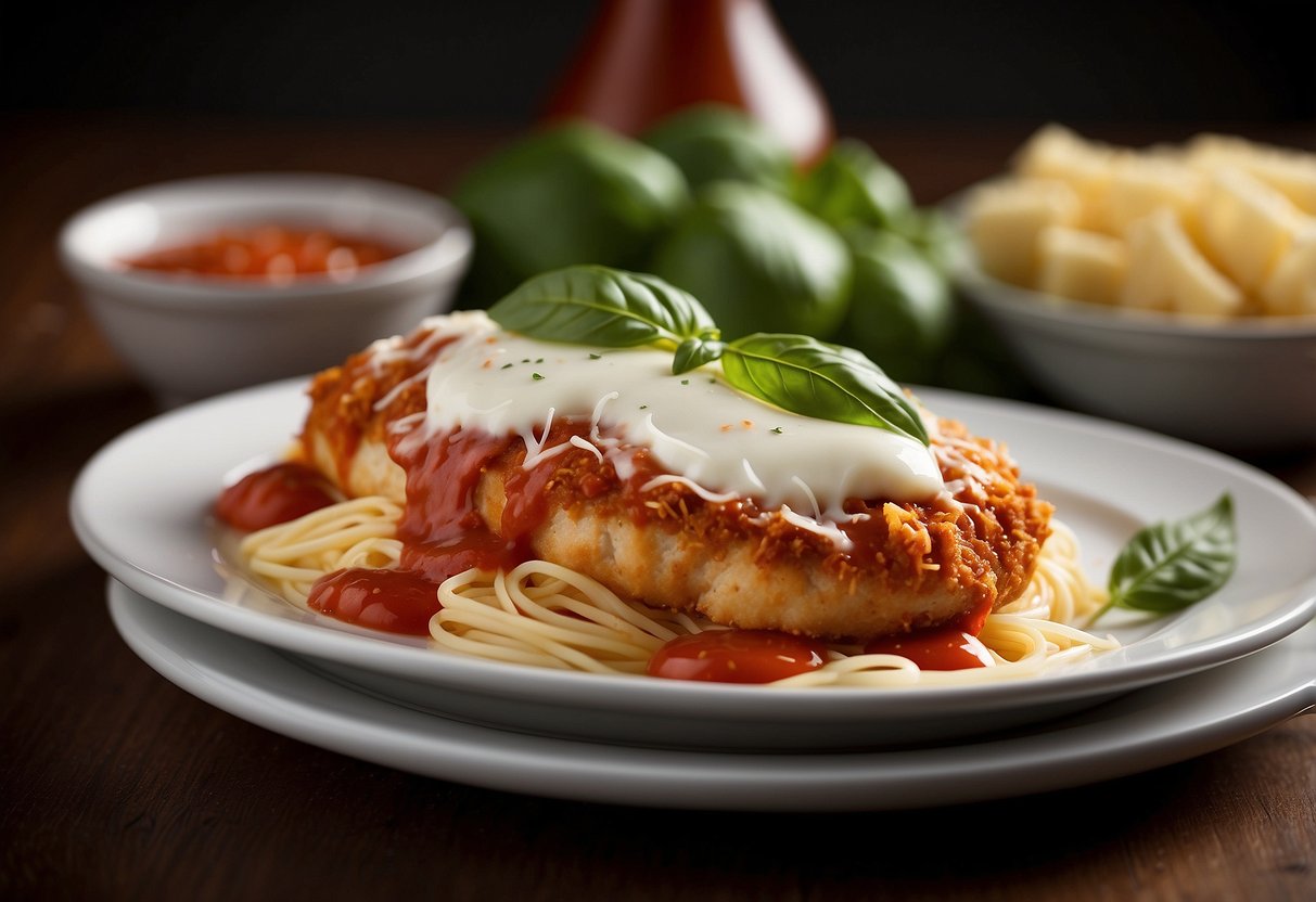 A golden-brown chicken parmesan sits on a white plate, surrounded by a generous serving of marinara sauce and melted mozzarella cheese. A sprinkle of fresh basil leaves adds a pop of color to the dish