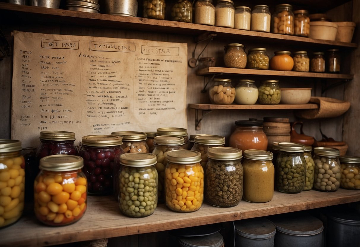 A rustic kitchen with shelves filled with jars of canned fruits and vegetables, a pot on the stove simmering with preserves, and a handwritten list of frugal living tips from the Great Depression pinned to the wall