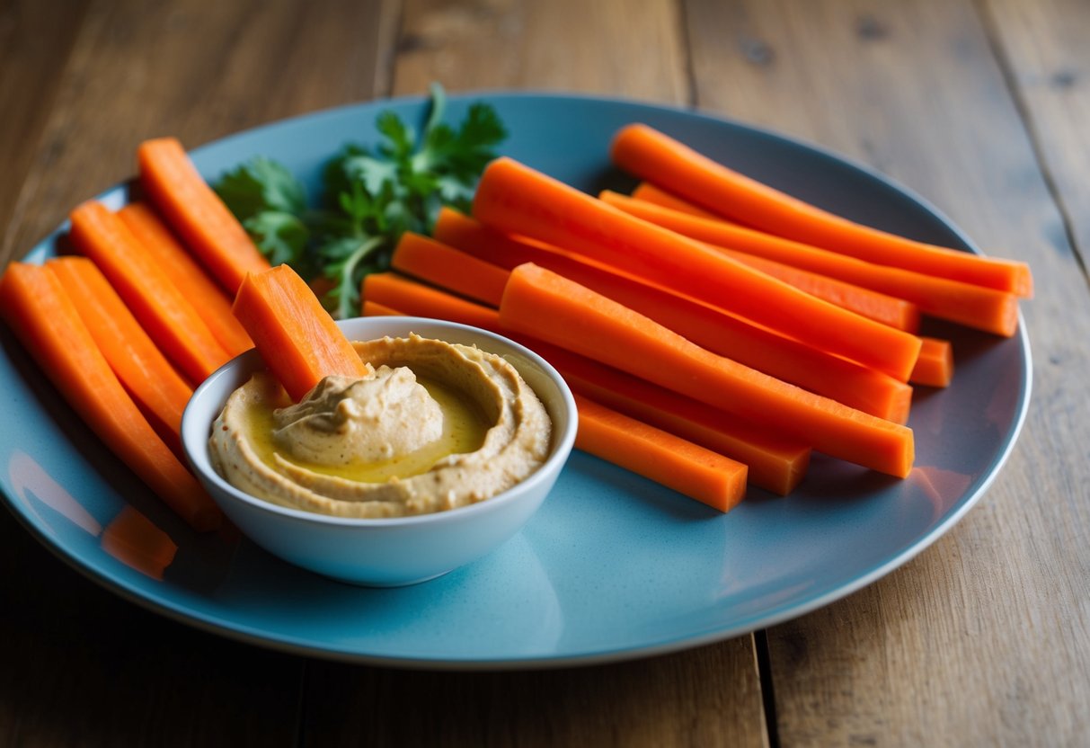 A plate of carrot sticks arranged next to a bowl of hummus, with a few sticks dipped into the creamy dip