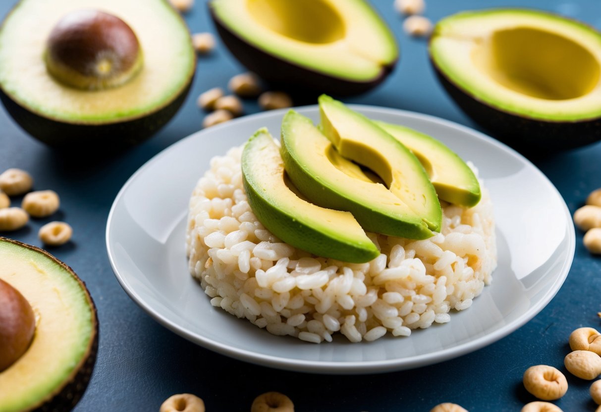 A plate of rice cakes topped with avocado slices, surrounded by various low-calorie snack options