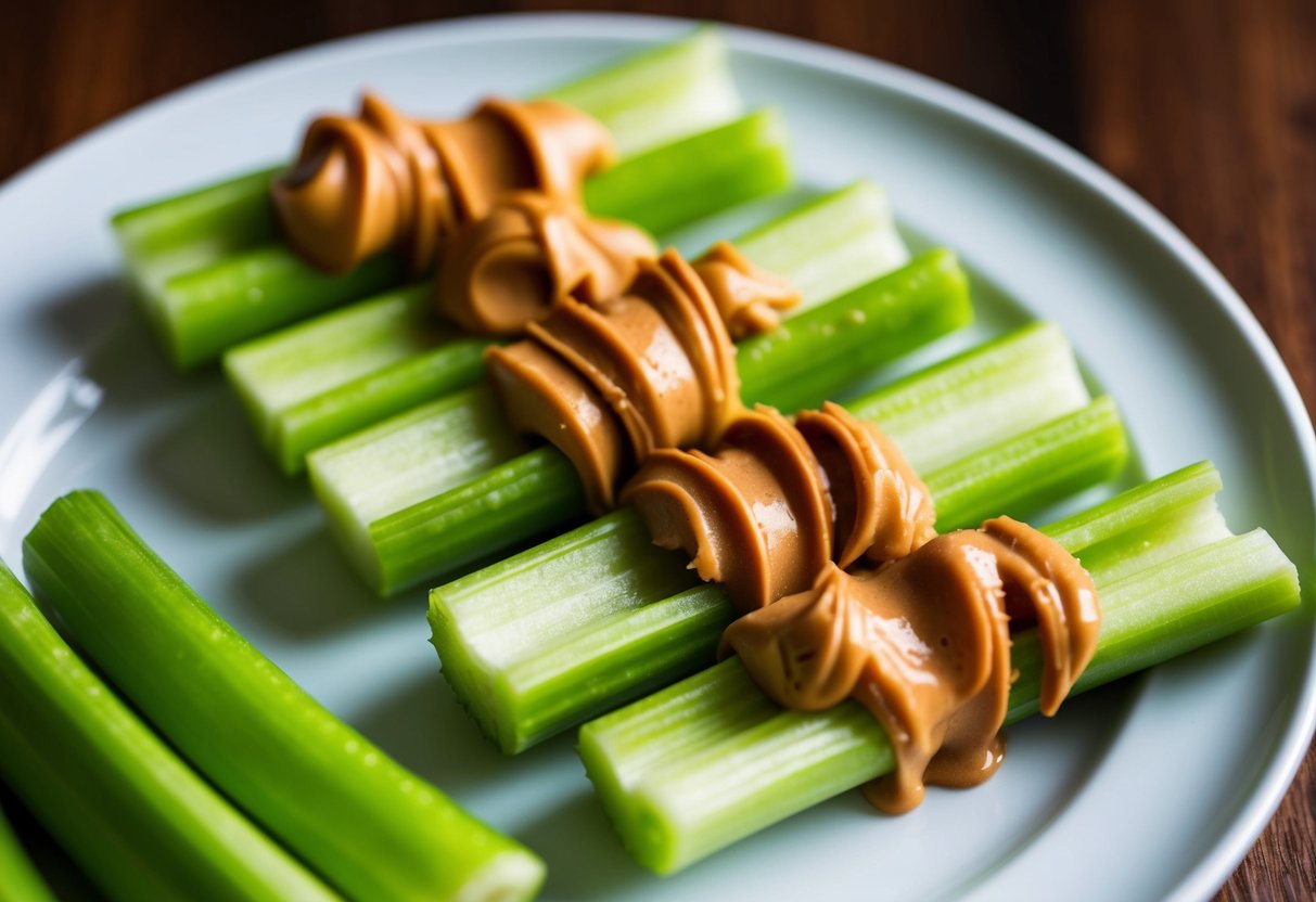 Celery sticks spread with peanut butter arranged on a white plate