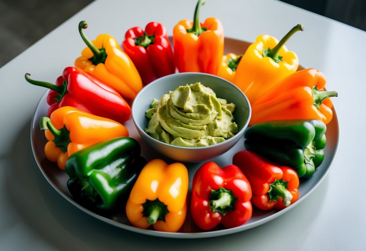 A colorful array of sliced bell peppers arranged around a bowl of creamy guacamole, set on a clean, modern surface