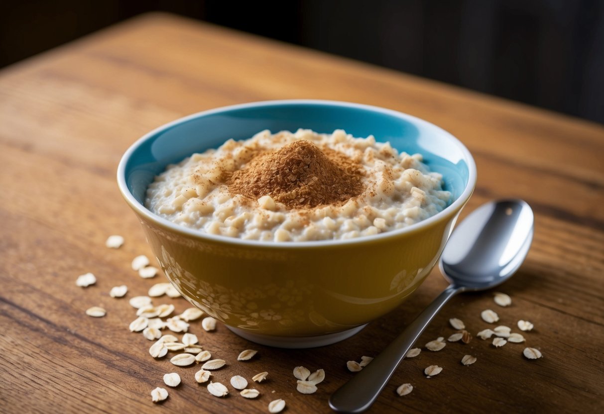 A bowl of oatmeal topped with a sprinkle of cinnamon sits on a wooden table next to a spoon. The warm, comforting snack is surrounded by a few scattered oats