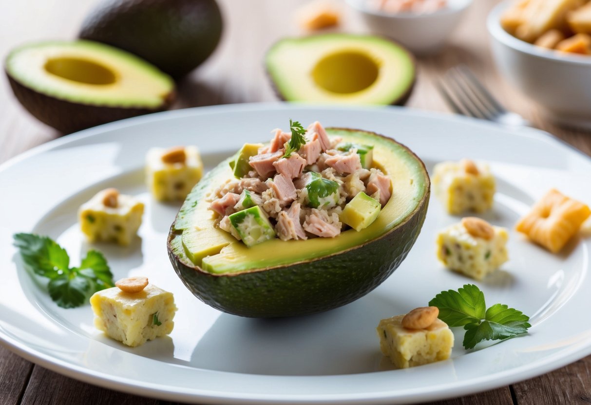 An open avocado filled with tuna salad sits on a white plate surrounded by other small, healthy snacks