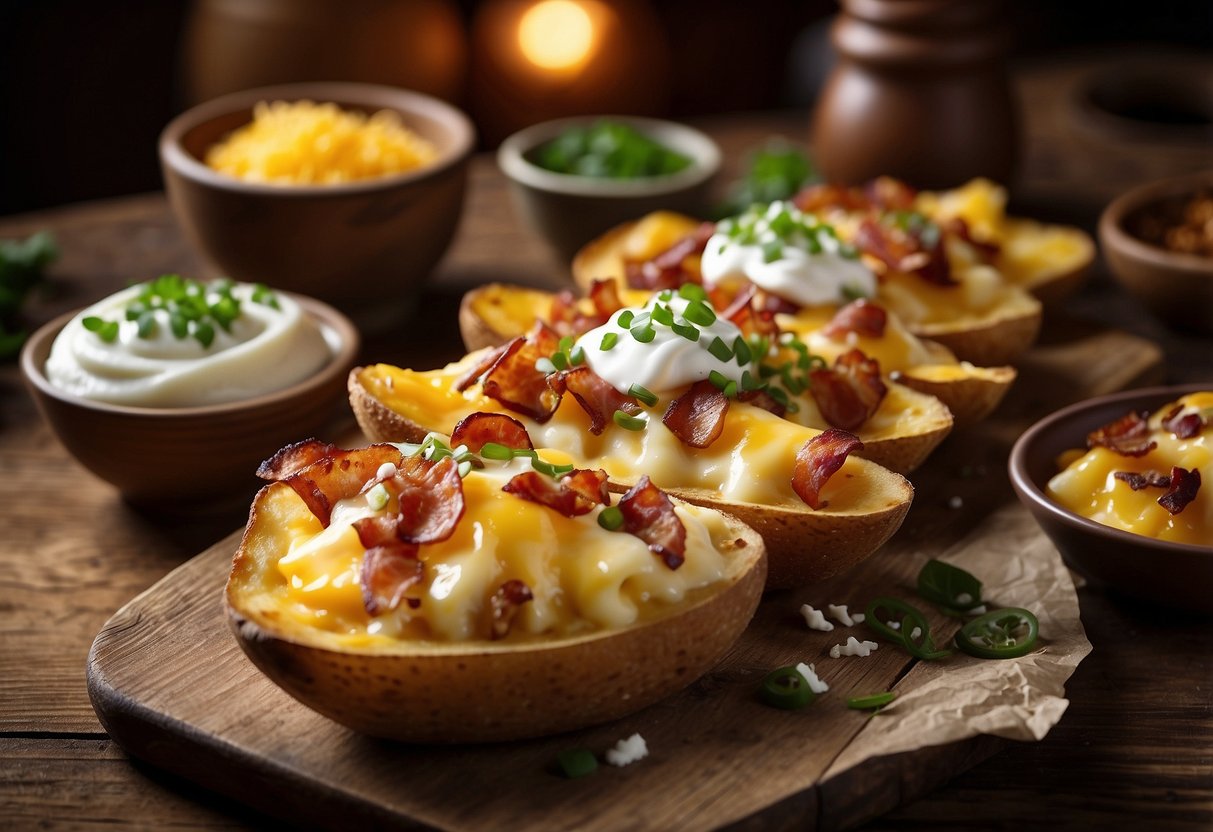 A tray of loaded potato skins sits on a rustic wooden table, surrounded by scattered plates and utensils. The skins are topped with melted cheese, crispy bacon bits, and a dollop of sour cream, inviting and delicious