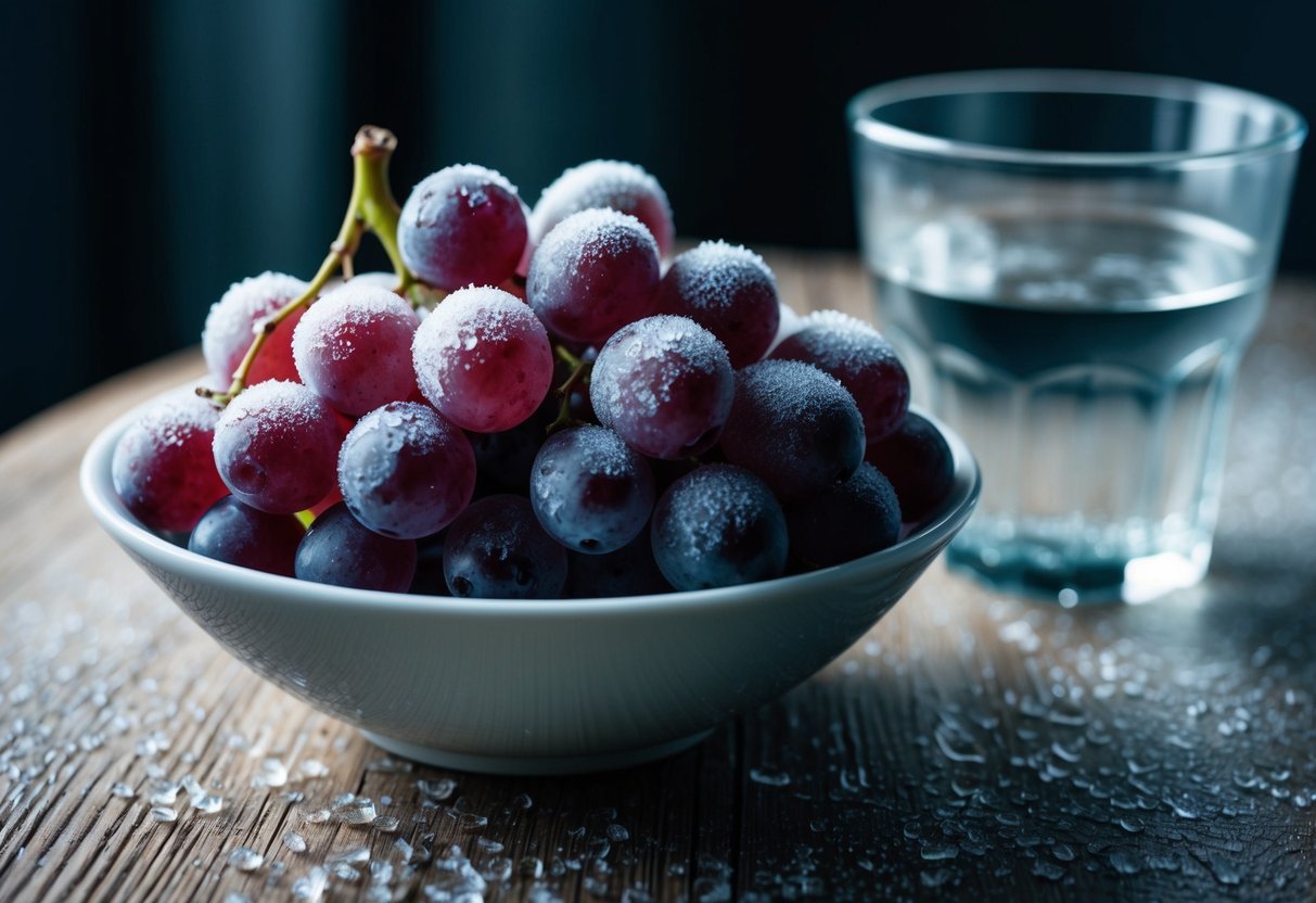 A bowl of frozen grapes sits on a wooden table next to a glass of water. The grapes are glistening with frost, and the room is filled with a cool, refreshing atmosphere