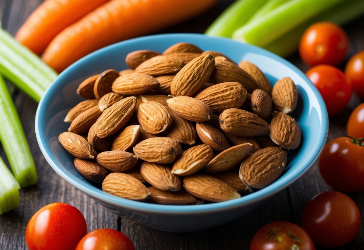 A bowl of almonds surrounded by other low-calorie snacks like carrots, celery, and cherry tomatoes