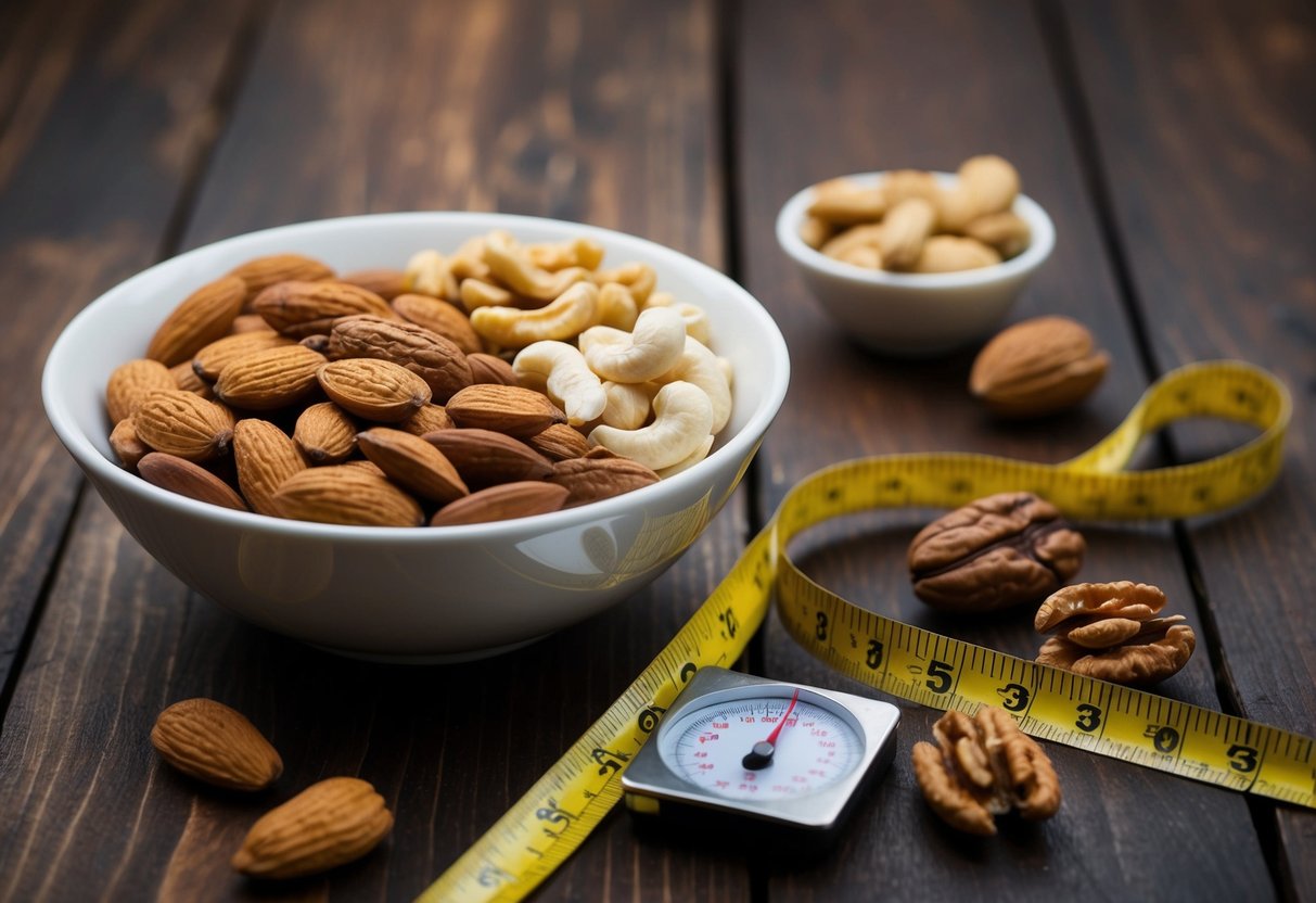 A bowl of assorted nuts, including almonds, cashews, and walnuts, sits on a wooden table next to a measuring tape and a small scale