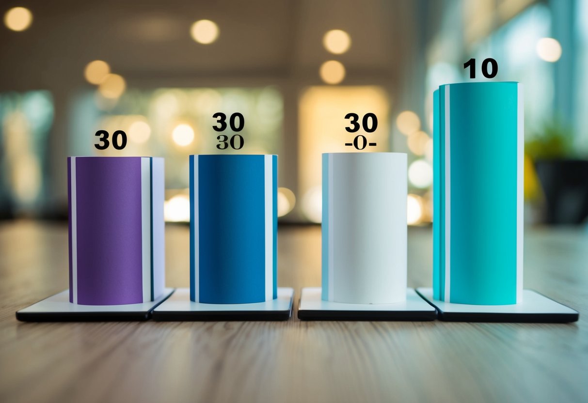 A bar graph with four columns, labeled 30-30-30-10, representing a budget breakdown. Each column is filled to the corresponding percentage