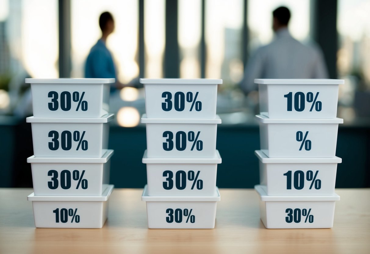 A table with three columns labeled "30%", "30%", and "30%", with a fourth column labeled "10%". Each column contains various items representing different budget categories