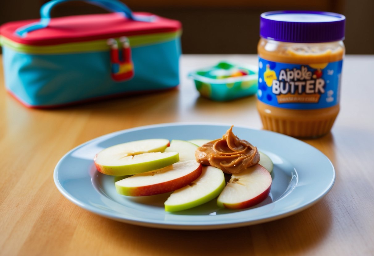 Apple slices arranged on a plate with a dollop of peanut butter next to them. A lunchbox sits nearby, filled with various other kid-friendly lunch items