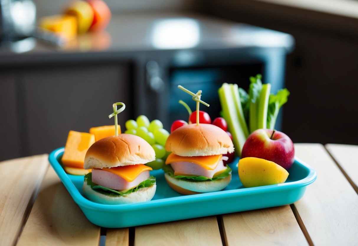 A lunch tray with mini ham and cheese sliders, fruit, and veggies. Bright colors and a playful presentation to appeal to picky eaters