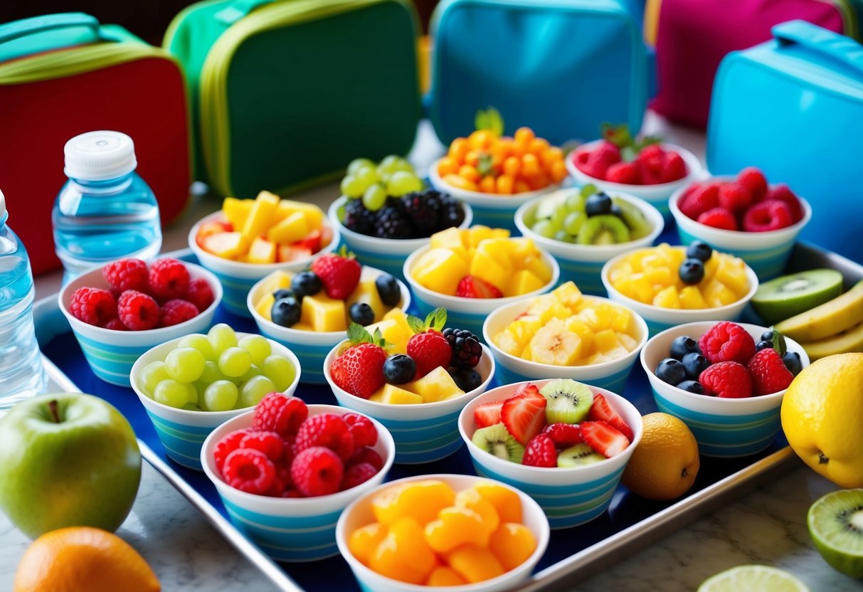 A colorful array of fruit salad cups arranged on a tray, surrounded by lunch boxes and water bottles. The cups are filled with a variety of fresh, vibrant fruits, appealing to picky eaters