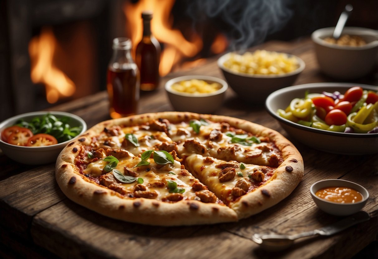 A sizzling BBQ chicken pizza sits on a rustic wooden table, surrounded by colorful plates and napkins. The warm, cheesy aroma fills the air as a family gathers eagerly around the meal