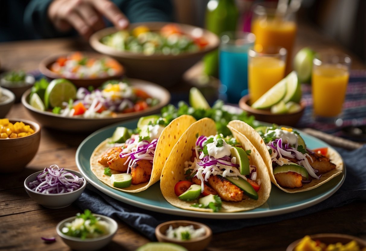 A plate of fish tacos surrounded by colorful ingredients and a family sitting at the table eagerly reaching for the delicious meal