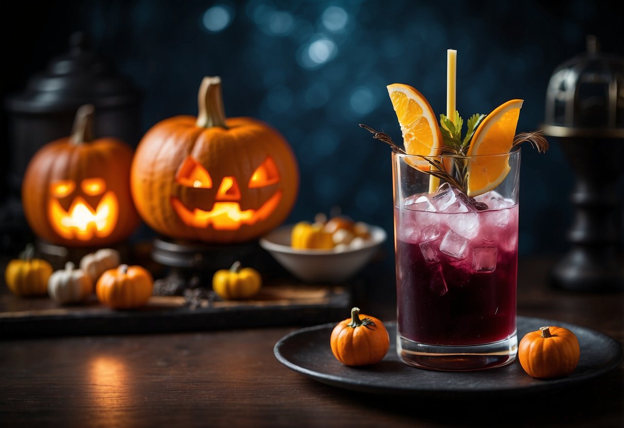 A table displays 7 Halloween drinks and cocktails, each with unique garnishes and spooky decorations