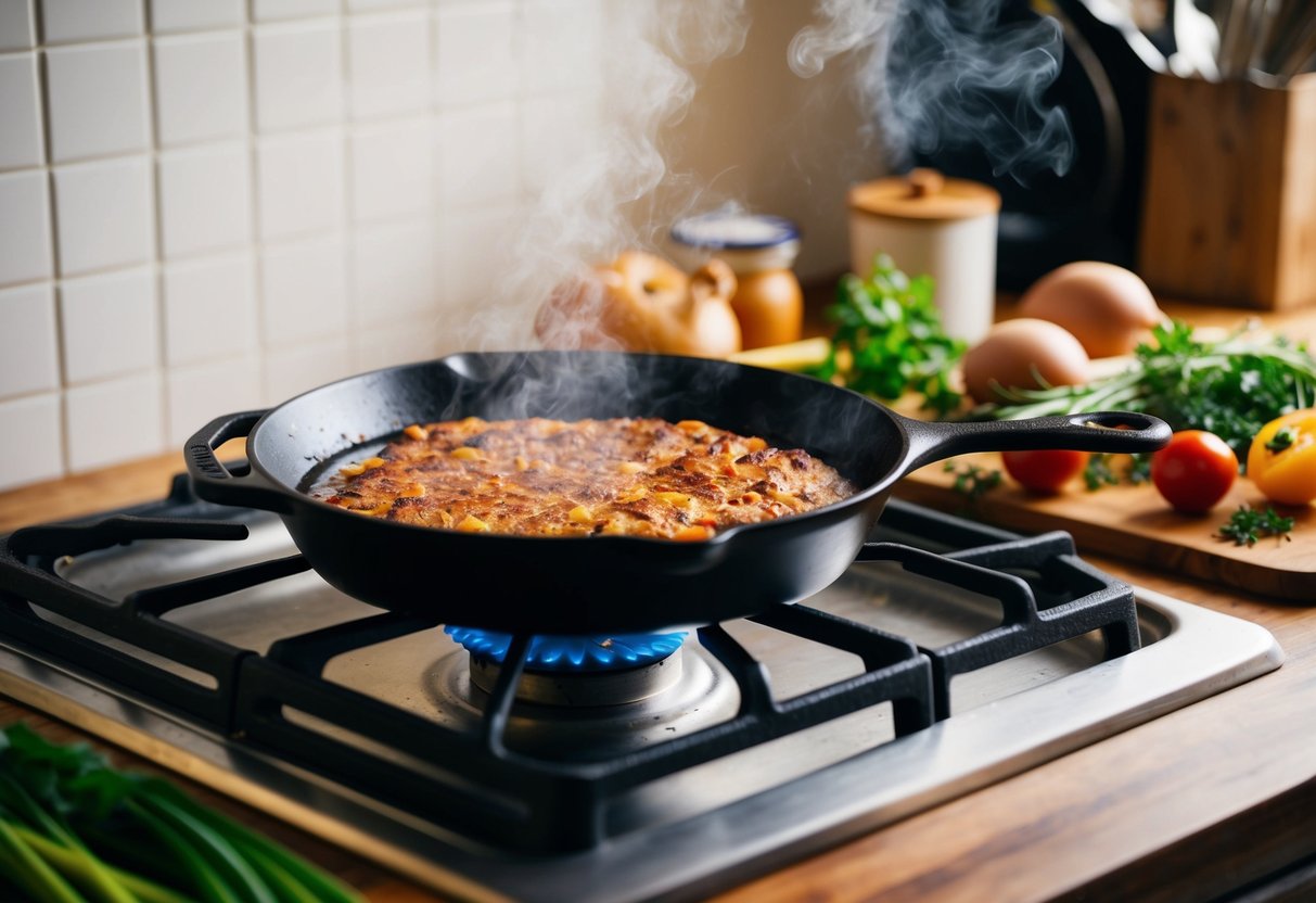 A sizzling cast iron skillet sits atop a rustic stove, surrounded by fresh ingredients and cooking utensils. Steam rises from the skillet as a mouthwatering aroma fills the air