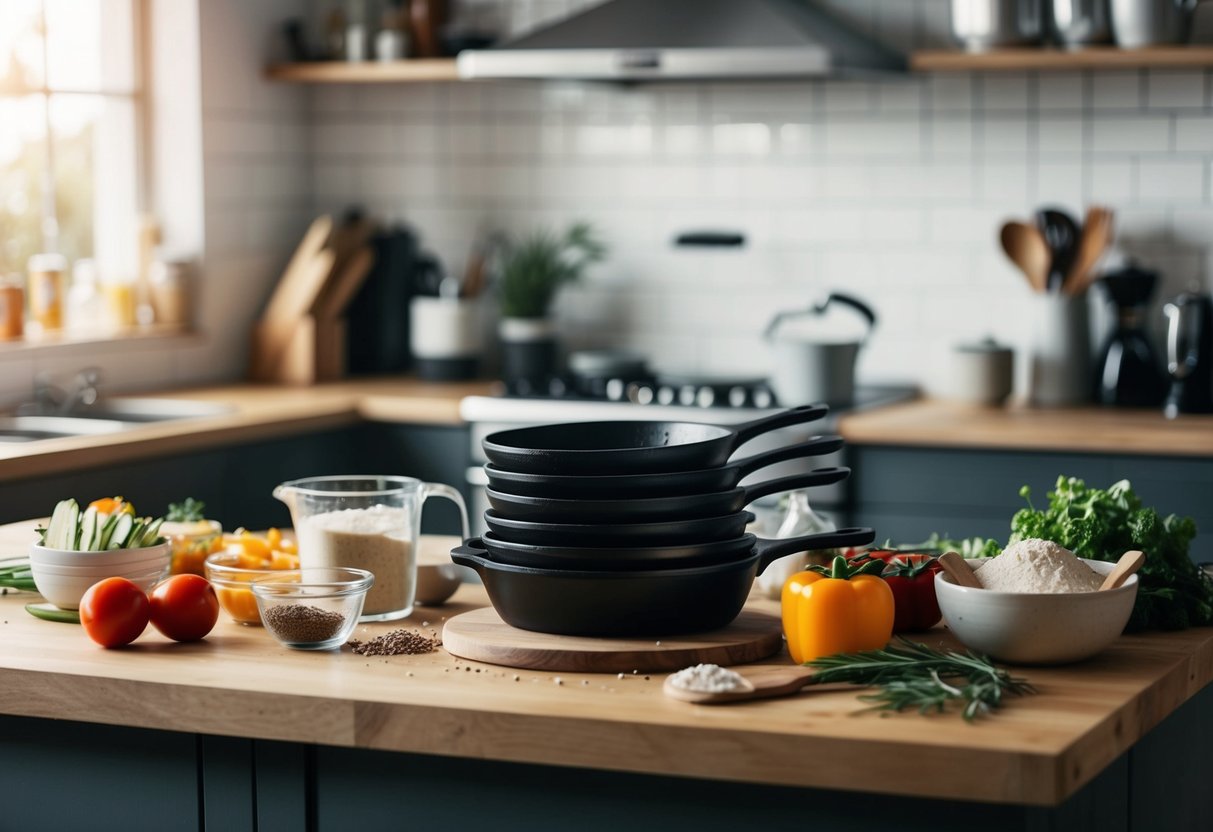 A cluttered kitchen counter with various ingredients and a stack of cast iron skillets