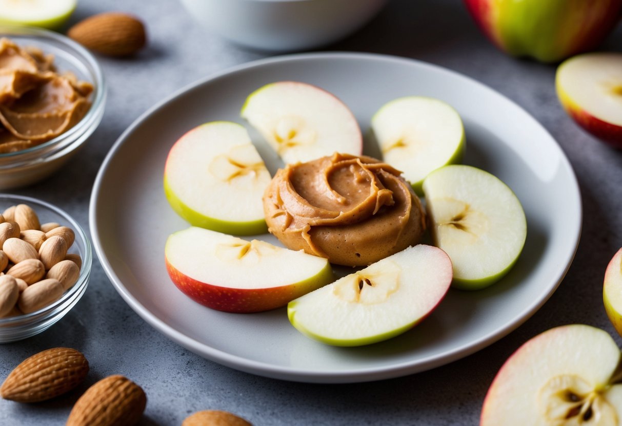 A plate with apple slices and a dollop of almond butter, surrounded by other healthy snacks