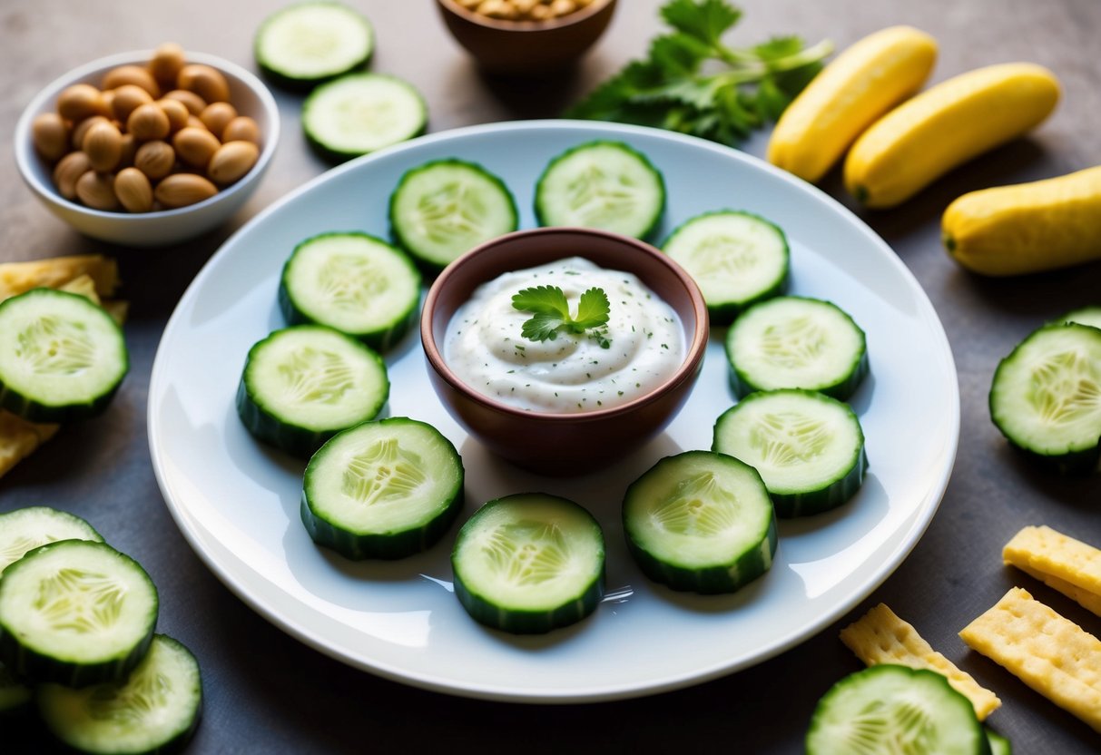 A plate of cucumber slices arranged around a small bowl of ranch dip, surrounded by other healthy snacks