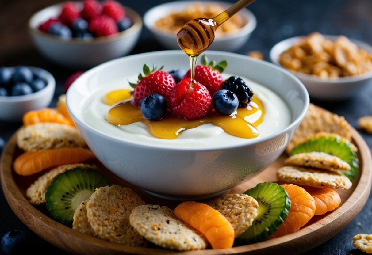 A bowl of Greek yogurt topped with drizzled honey and fresh berries, surrounded by a variety of colorful and nutritious snacks