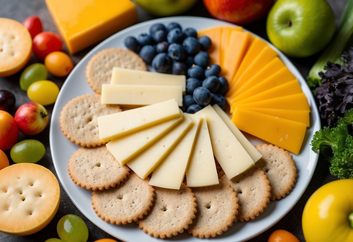 A plate of whole grain crackers with slices of cheese arranged neatly on top, surrounded by a variety of colorful fruits and vegetables