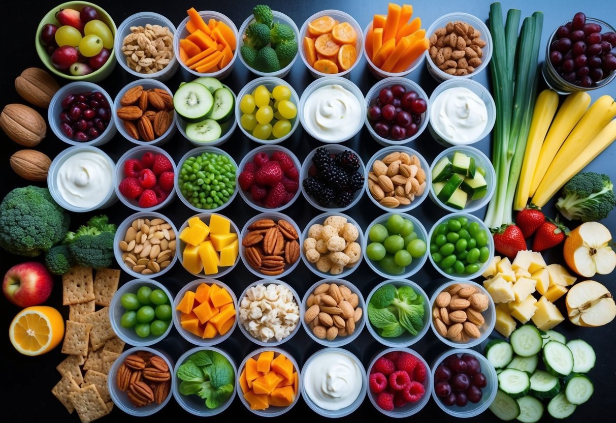 A table filled with 20 colorful and nutritious snacks arranged in an organized manner, ranging from fruits and vegetables to nuts and yogurt, with a variety of shapes and textures