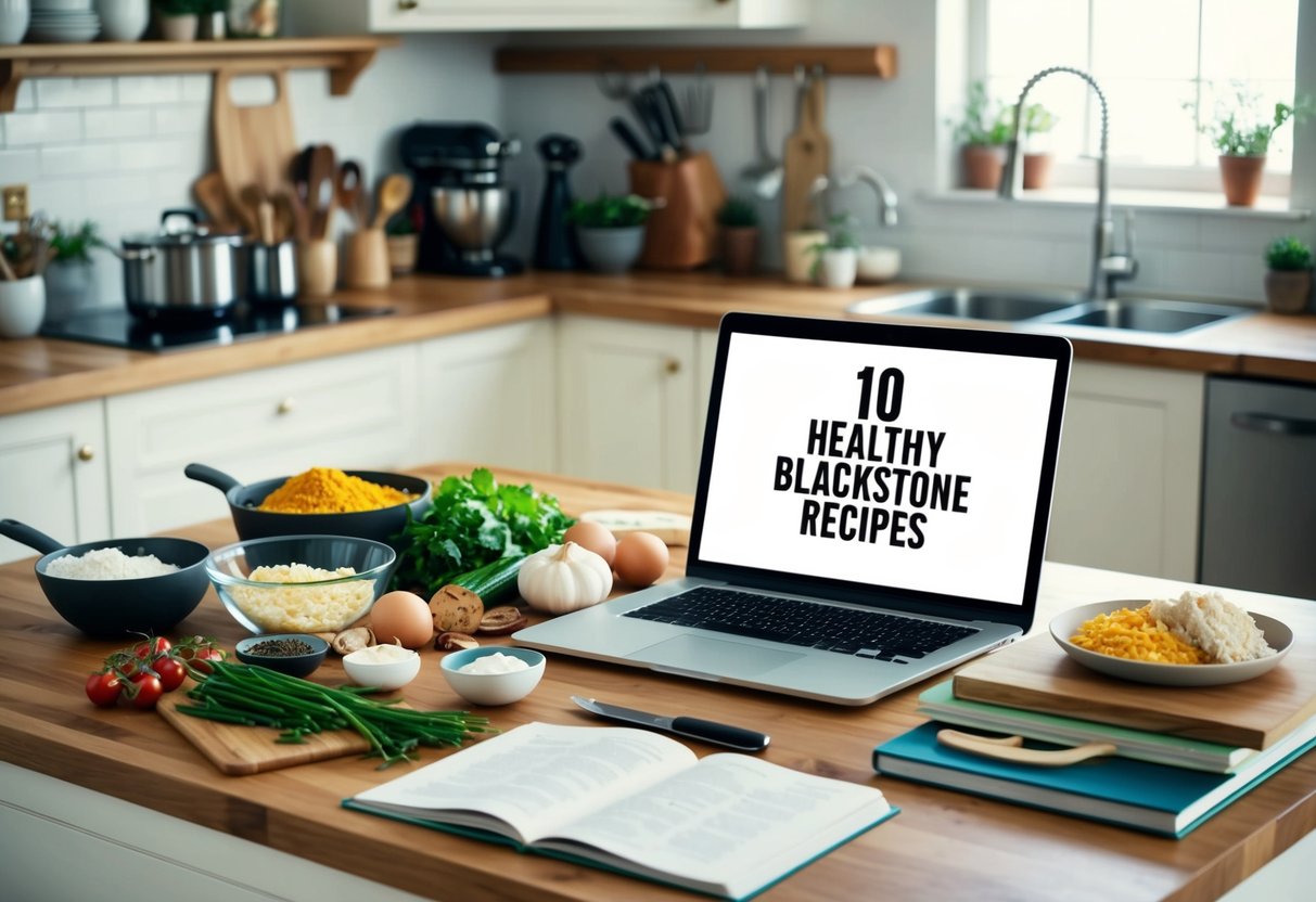 A kitchen counter with various ingredients and cooking utensils laid out, surrounded by recipe books and a laptop displaying "10 healthy blackstone recipes."