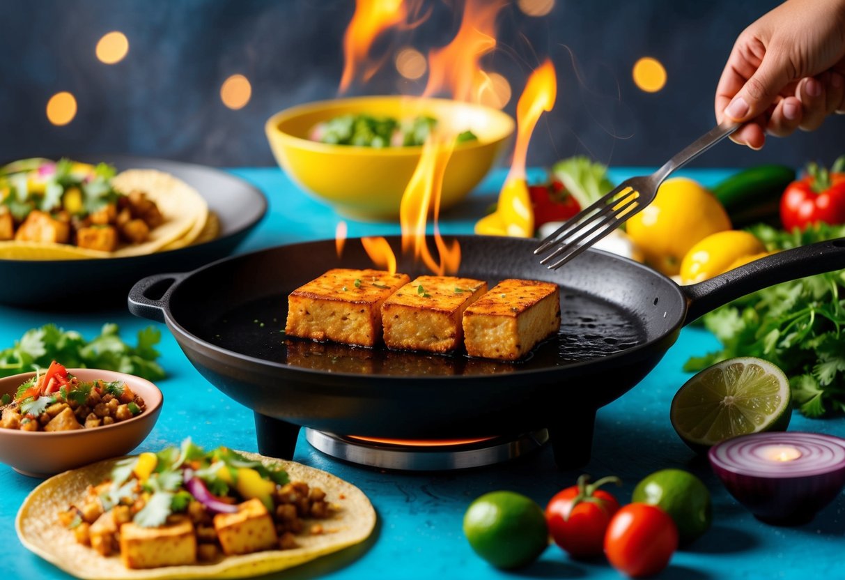 A sizzling blackstone cooks spicy tofu for tacos, surrounded by fresh ingredients and vibrant colors