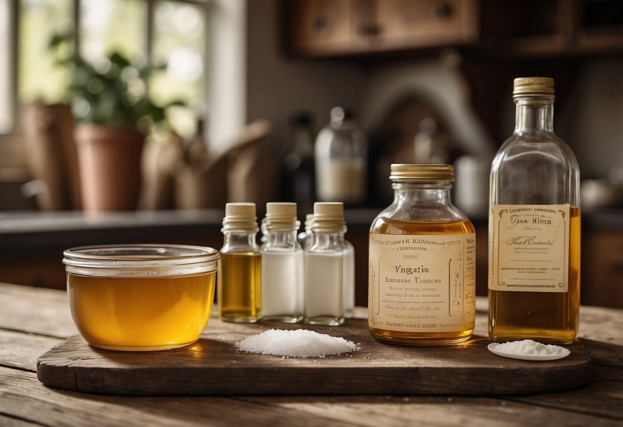 A table with various household items like vinegar, baking soda, and essential oils. A handwritten recipe for homemade cleaning products sits beside a vintage photo of a family during the Great Depression