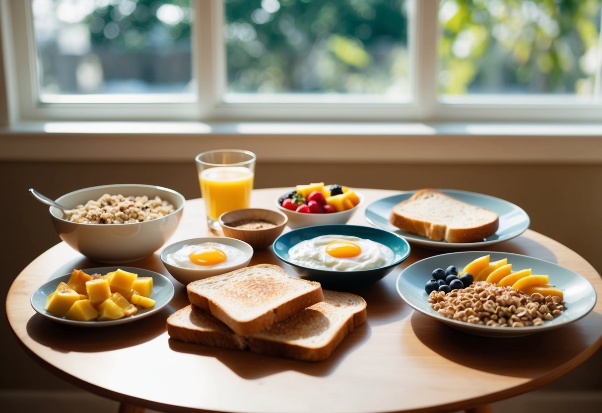 A table with a variety of breakfast items: oatmeal, eggs, toast, yogurt, fruit, cereal, and coffee. A window with sunlight streaming in