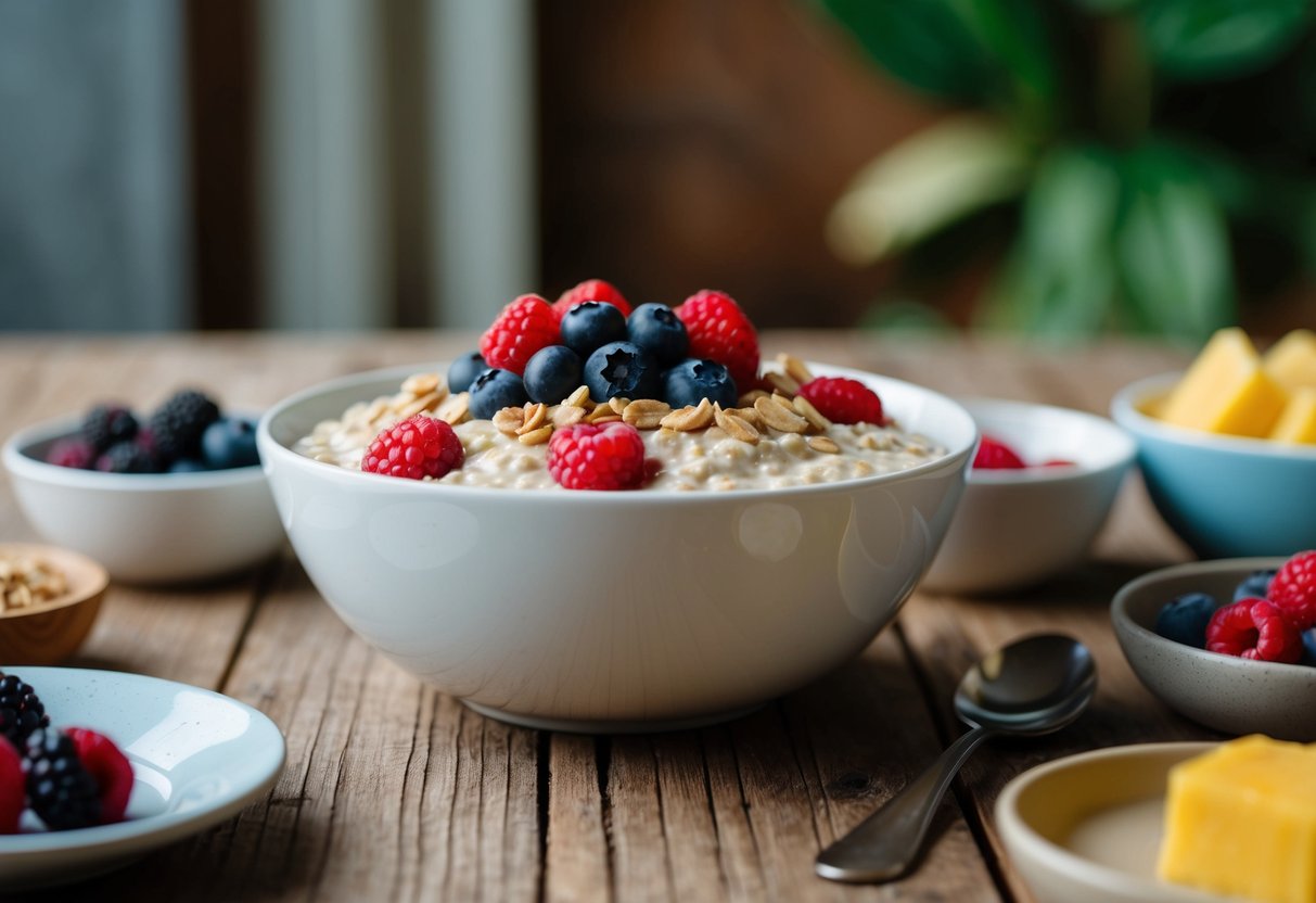 A bowl of overnight oats topped with fresh berries sits on a wooden table, surrounded by other affordable breakfast items