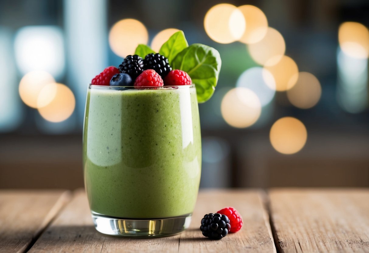 A glass filled with a green smoothie made with spinach and topped with a handful of mixed berries