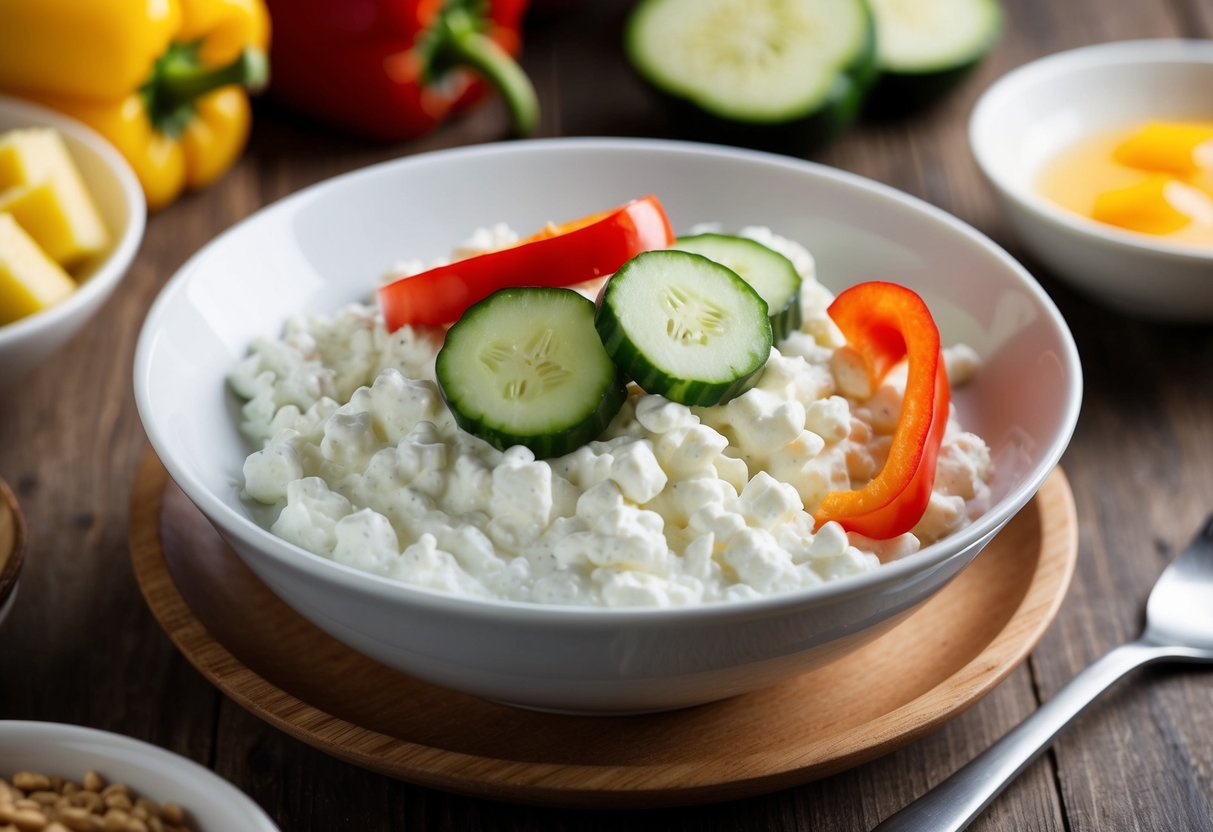 A bowl of cottage cheese topped with sliced cucumber and bell pepper sits on a wooden table, surrounded by other breakfast ingredients