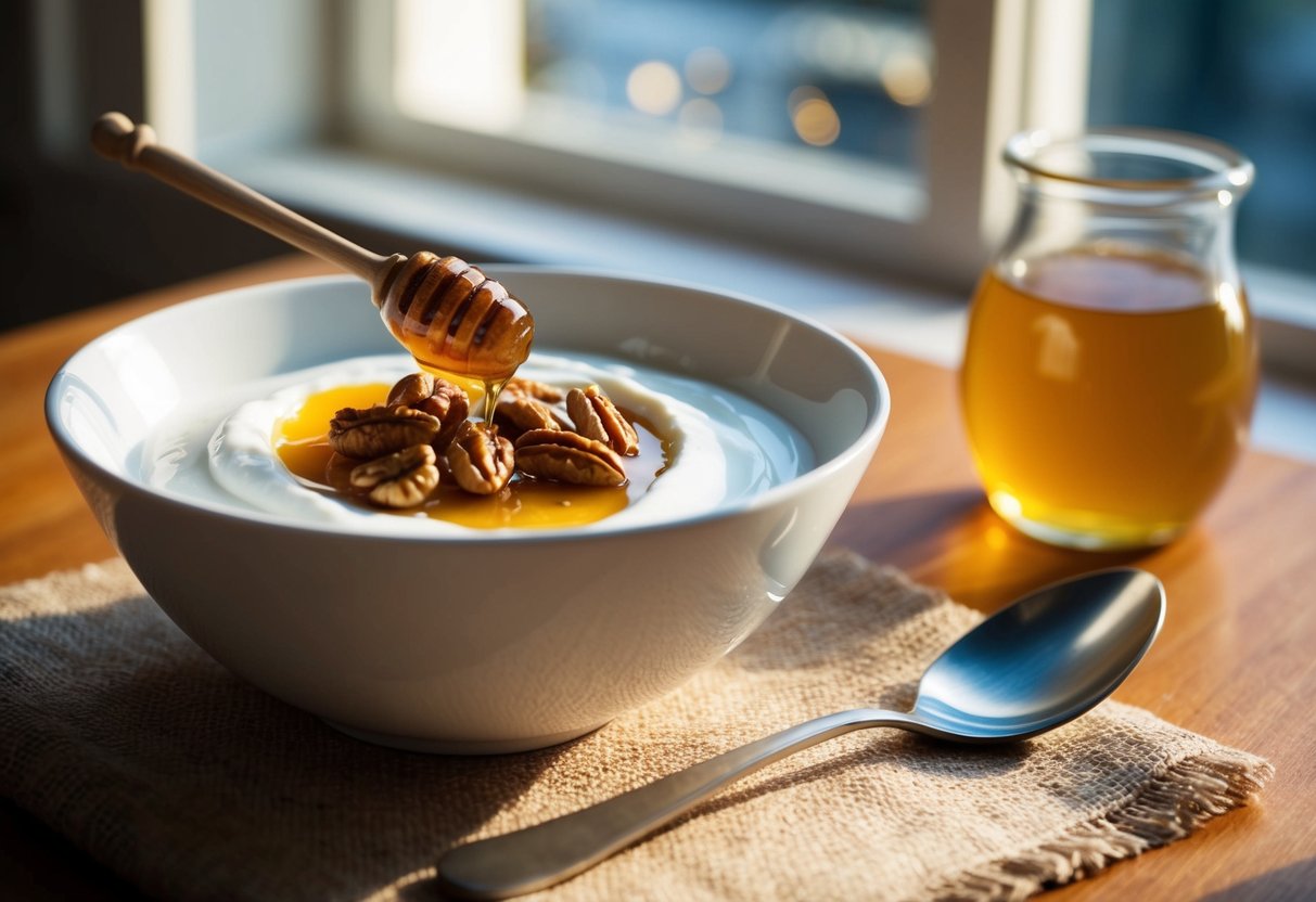 A bowl of Greek yogurt topped with honey and nuts sits on a wooden table. Sunlight streams in through a window, casting a warm glow on the breakfast scene