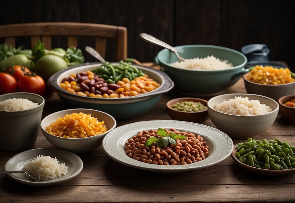 A table set with simple, meatless dishes like beans, rice, and vegetables. A worn cookbook open to frugal living tips from the Great Depression. A sense of resourcefulness and thriftiness in the air