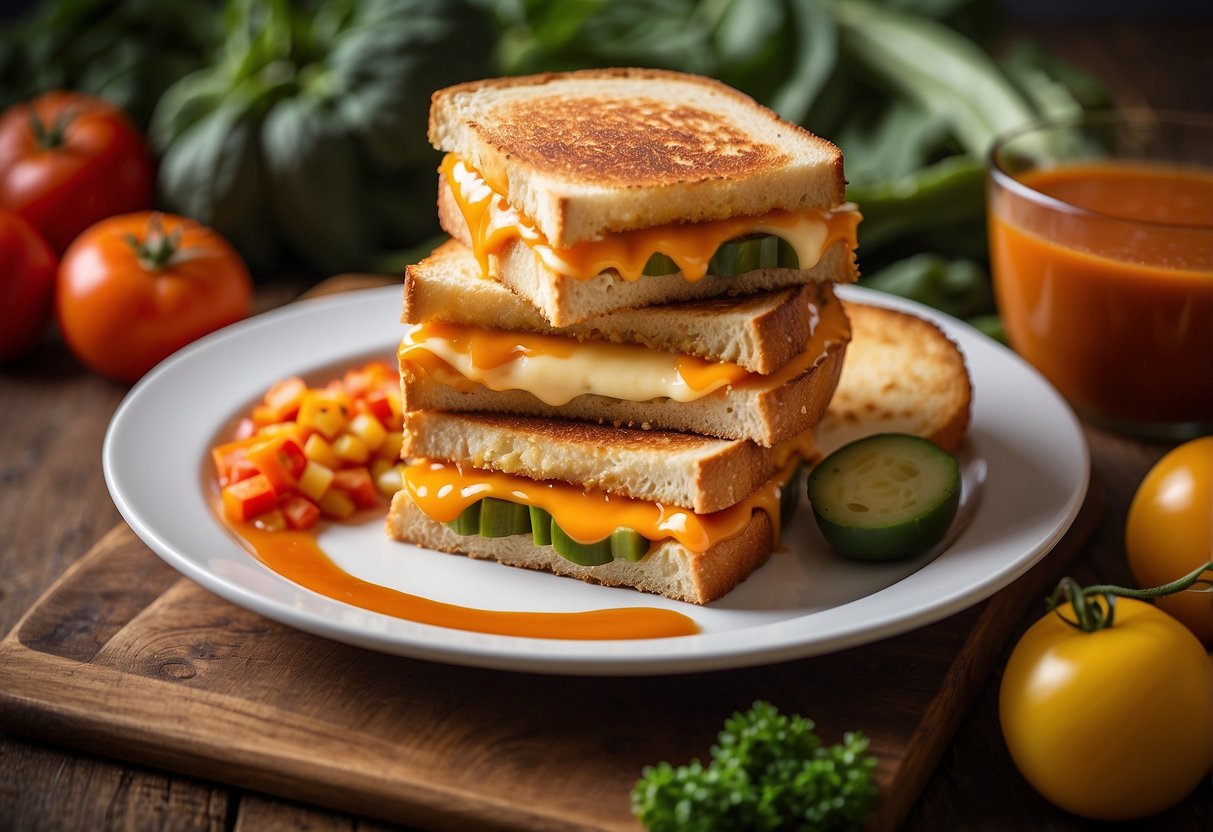 A stack of golden brown grilled cheese sandwiches on a plate, surrounded by colorful vegetables and a side of tomato soup