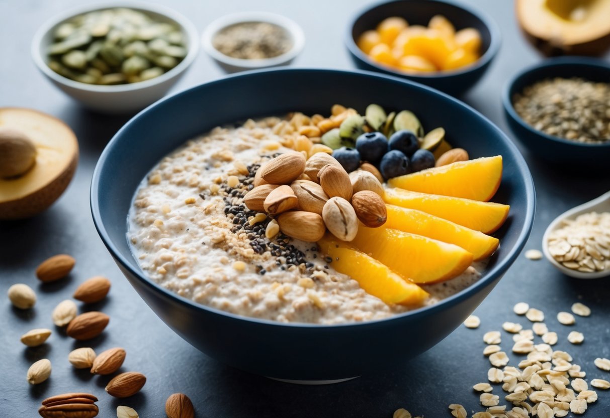 A bowl of overnight oats with protein powder, surrounded by various high-protein breakfast ingredients like nuts, seeds, and fresh fruit