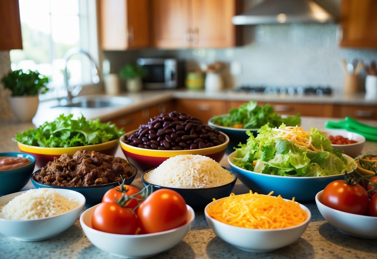 A colorful array of ingredients: rice, beans, beef, lettuce, tomatoes, and cheese, arranged in separate bowls on a kitchen counter